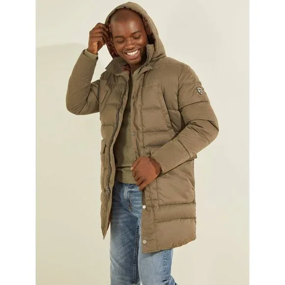$298 Guess Men’s Alta Nylon Puffer Long Jacket With Hood In Light Brown Size XL